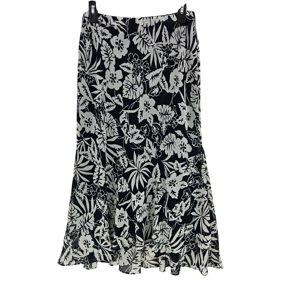 Chaps Skirt Womens Medium Black White‎ Floral Flared Midi Polyester Lined Dressy
